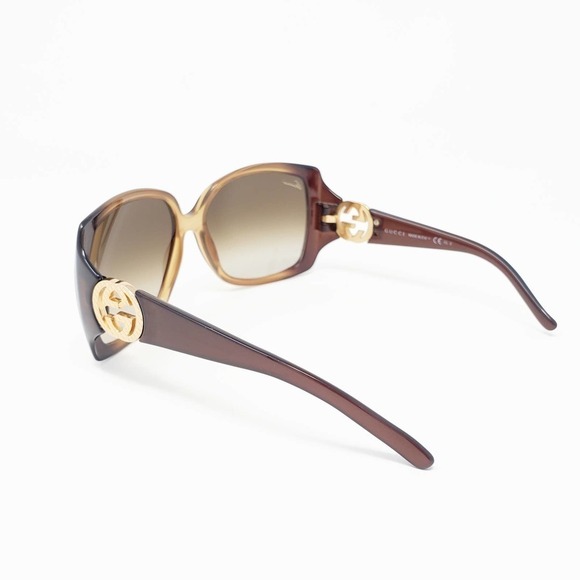 Gucci Sunglasses GG Logo Gold Tone Diamond Cut Oversize Square Brown Acetate - Picture 7 of 9